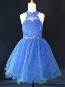 Halter Top Sleeveless Kids Formal Wear Mini Length Beading and Lace Blue Organza