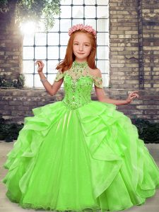 Artistic Green Ball Gowns Organza High-neck Sleeveless Beading and Ruffles Floor Length Lace Up Little Girls Pageant Gowns