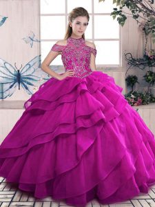 Fashionable Fuchsia High-neck Neckline Beading and Ruffled Layers Ball Gown Prom Dress Sleeveless Lace Up