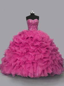 Glorious Hot Pink Sweetheart Lace Up Beading Quinceanera Dresses Sleeveless
