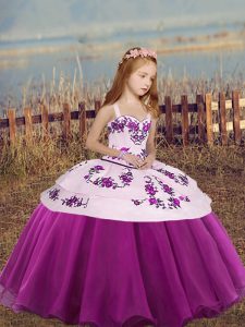 Fuchsia Ball Gowns Organza Straps Sleeveless Embroidery High Low Lace Up Girls Pageant Dresses