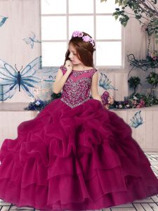 Scoop Sleeveless Child Pageant Dress Floor Length Beading and Pick Ups Fuchsia Organza