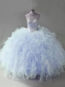Sweet Lavender Ball Gowns Tulle Halter Top Sleeveless Beading and Ruffles Floor Length Lace Up Sweet 16 Dresses
