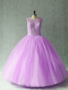 Flare Lilac Ball Gowns Tulle Scoop Sleeveless Beading Floor Length Lace Up Vestidos de Quinceanera