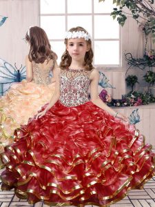 Amazing Red Lace Up Child Pageant Dress Beading and Ruffles Sleeveless Floor Length