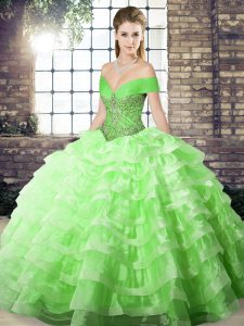 Sleeveless Organza Brush Train Lace Up 15th Birthday Dress in with Beading and Ruffled Layers