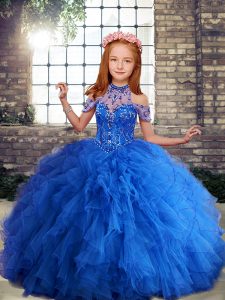 Blue Ball Gowns Beading and Ruffles Little Girls Pageant Dress Lace Up Tulle Sleeveless Floor Length