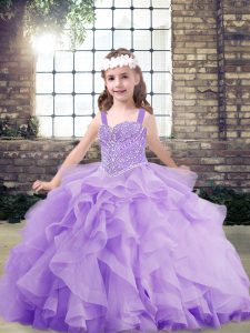 Fashionable Straps Sleeveless Little Girls Pageant Gowns Floor Length Beading and Ruffles Lavender Organza