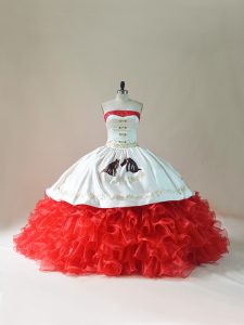 Beauteous Lace Up Quinceanera Dress White And Red for Sweet 16 and Quinceanera with Embroidery and Ruffles Brush Train