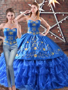 Blue Organza Lace Up Sweetheart Sleeveless Floor Length 15 Quinceanera Dress Embroidery