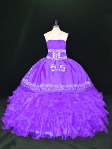 Lavender Ball Gowns Organza Strapless Sleeveless Embroidery and Ruffles Floor Length Lace Up Quinceanera Dress