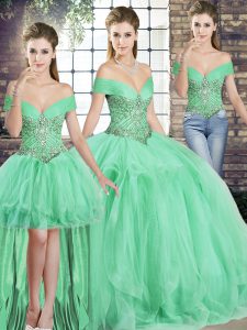 Eye-catching Tulle Off The Shoulder Sleeveless Lace Up Beading and Ruffles Sweet 16 Dresses in Apple Green