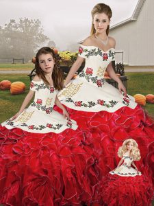 Flirting White And Red Sleeveless Floor Length Embroidery and Ruffles Lace Up 15th Birthday Dress