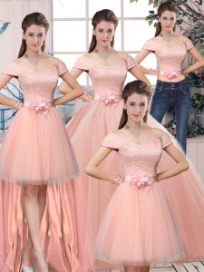 Pink Tulle Lace Up Vestidos de Quinceanera Short Sleeves Floor Length Lace and Hand Made Flower