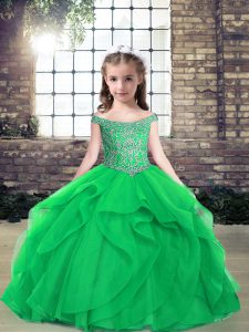 Cheap Floor Length Lace Up Girls Pageant Dresses Green for Party and Wedding Party with Beading