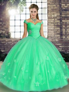 Colorful Off The Shoulder Sleeveless Quinceanera Dresses Floor Length Beading and Appliques Turquoise and Apple Green Tulle