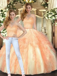 Enchanting Orange Organza Lace Up Sweetheart Sleeveless Floor Length Ball Gown Prom Dress Beading and Ruffles