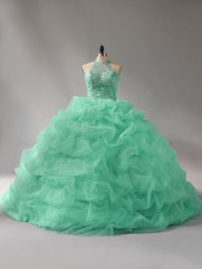 Apple Green Ball Gowns Organza Halter Top Sleeveless Beading and Pick Ups Lace Up Sweet 16 Dresses Court Train