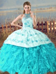 Exceptional Aqua Blue Lace Up 15 Quinceanera Dress Embroidery and Ruffles Sleeveless Court Train