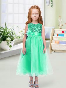 Sleeveless Zipper Tea Length Sequins and Hand Made Flower Little Girl Pageant Gowns