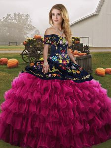 Sweet Fuchsia Ball Gowns Embroidery and Ruffled Layers Quinceanera Gown Lace Up Organza Sleeveless Floor Length
