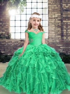 Hot Sale Long Sleeves Organza Floor Length Lace Up Pageant Gowns in Turquoise with Beading and Ruffles