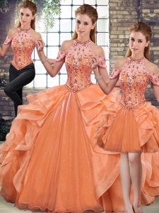 Customized Orange Halter Top Neckline Beading and Ruffles Quince Ball Gowns Sleeveless Lace Up