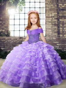 Top Selling Sleeveless Brush Train Beading and Ruffled Layers Lace Up Little Girl Pageant Gowns