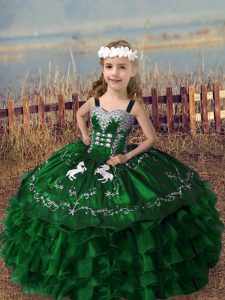 Straps Sleeveless Lace Up Kids Pageant Dress Green Organza