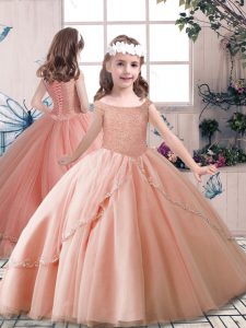 High End Peach Tulle Lace Up Off The Shoulder Sleeveless Floor Length Child Pageant Dress Beading