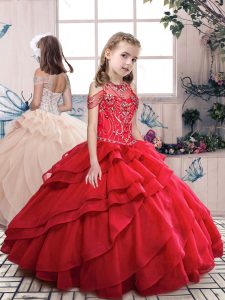 Ball Gowns Little Girl Pageant Dress Red Halter Top Organza Sleeveless Floor Length Lace Up