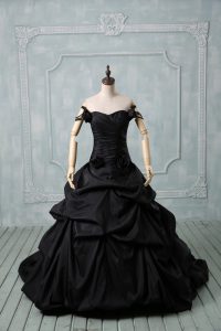 Superior Lace Up Vestidos de Quinceanera Black for Sweet 16 and Quinceanera with Pick Ups and Hand Made Flower Brush Train