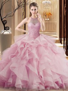 Artistic Beading and Ruffles Vestidos de Quinceanera Pink Lace Up Sleeveless Sweep Train