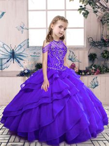 Purple Organza Lace Up Scoop Sleeveless Floor Length Pageant Dress Toddler Beading and Ruffled Layers