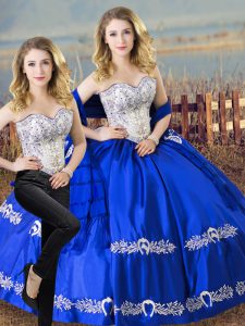 Royal Blue Two Pieces Sweetheart Sleeveless Satin and Organza Floor Length Lace Up Beading and Embroidery Ball Gown Prom Dress