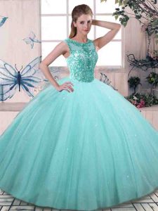Modest Scoop Sleeveless Tulle Quinceanera Dress Beading Lace Up