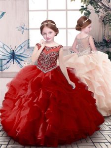 Glorious Red Ball Gowns Organza Scoop Sleeveless Beading and Ruffles Floor Length Zipper Little Girl Pageant Dress