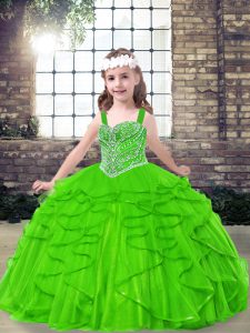 Classical Ball Gowns Straps Sleeveless Tulle Floor Length Side Zipper Beading and Ruffles Kids Formal Wear