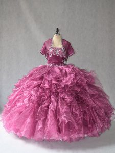 Sleeveless Floor Length Beading and Ruffles Lace Up Sweet 16 Dresses with Burgundy