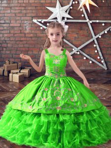 Fantastic Satin and Organza Lace Up Kids Formal Wear Sleeveless Floor Length Embroidery and Ruffled Layers