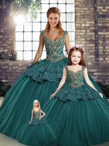 High Quality Green Ball Gowns Tulle Straps Sleeveless Beading and Appliques Floor Length Lace Up Sweet 16 Dresses