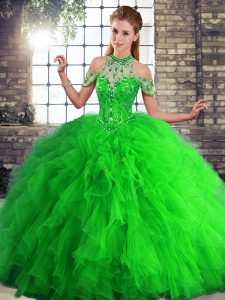 Enchanting Halter Top Sleeveless Sweet 16 Dress Floor Length Beading and Ruffles Green Tulle