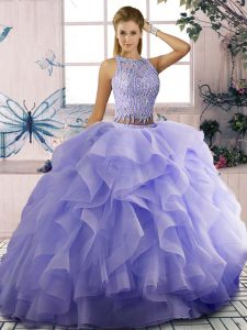 Lavender Tulle Zipper 15 Quinceanera Dress Sleeveless Beading and Ruffles