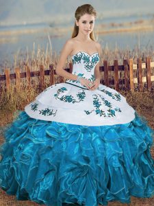 Stunning Blue And White Organza Lace Up Sweetheart Sleeveless Floor Length Ball Gown Prom Dress Embroidery and Ruffles and Bowknot