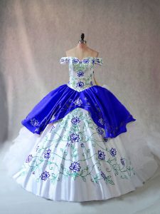Unique Blue And White Sleeveless Embroidery and Ruffles Floor Length Sweet 16 Quinceanera Dress