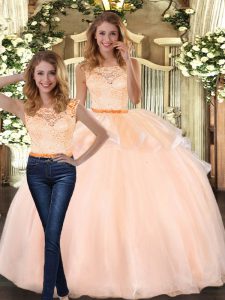 Peach Two Pieces Lace Sweet 16 Quinceanera Dress Zipper Organza Sleeveless Floor Length
