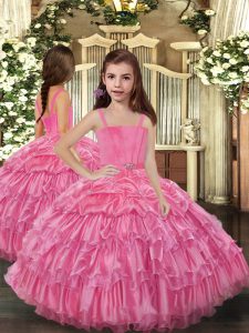 Rose Pink Sleeveless Organza Lace Up Pageant Gowns For Girls for Party and Wedding Party