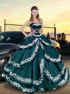 Affordable Peacock Green Quinceanera Gowns Quinceanera with Embroidery and Ruffled Layers Sweetheart Sleeveless Lace Up