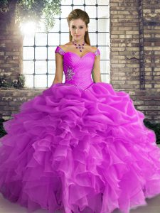 Lilac Organza Lace Up Quinceanera Gown Sleeveless Floor Length Beading and Ruffles and Pick Ups