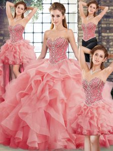 Noble Sweetheart Sleeveless Quinceanera Dresses Brush Train Beading and Ruffles Watermelon Red Tulle